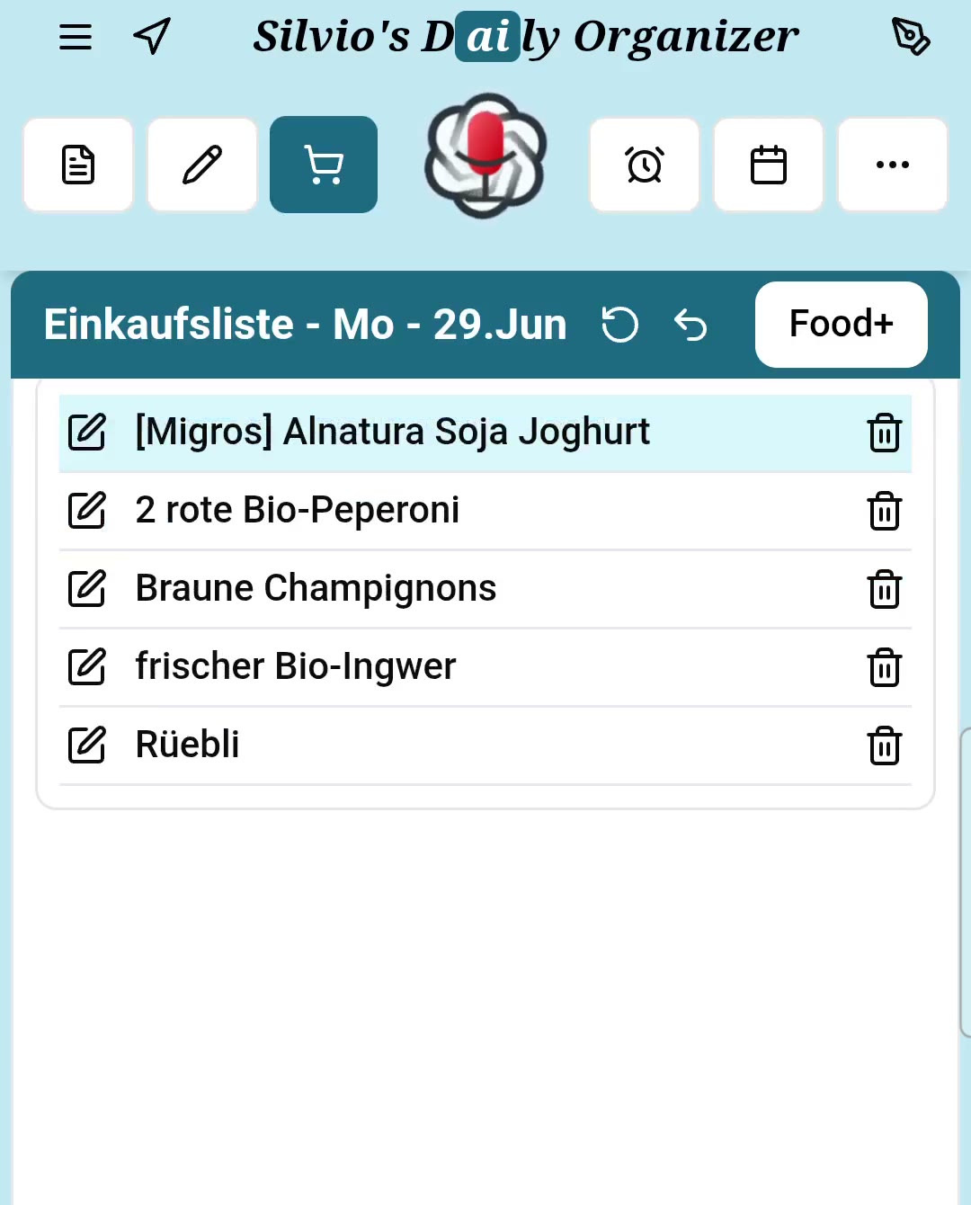 Einkaufsliste mit zwei neuen Einträgen